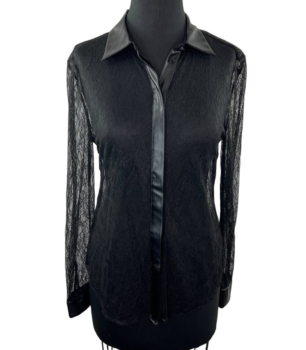 Victoria's Secret Black Lace & Faux Leather Long Sleeve Button Down Top Size S